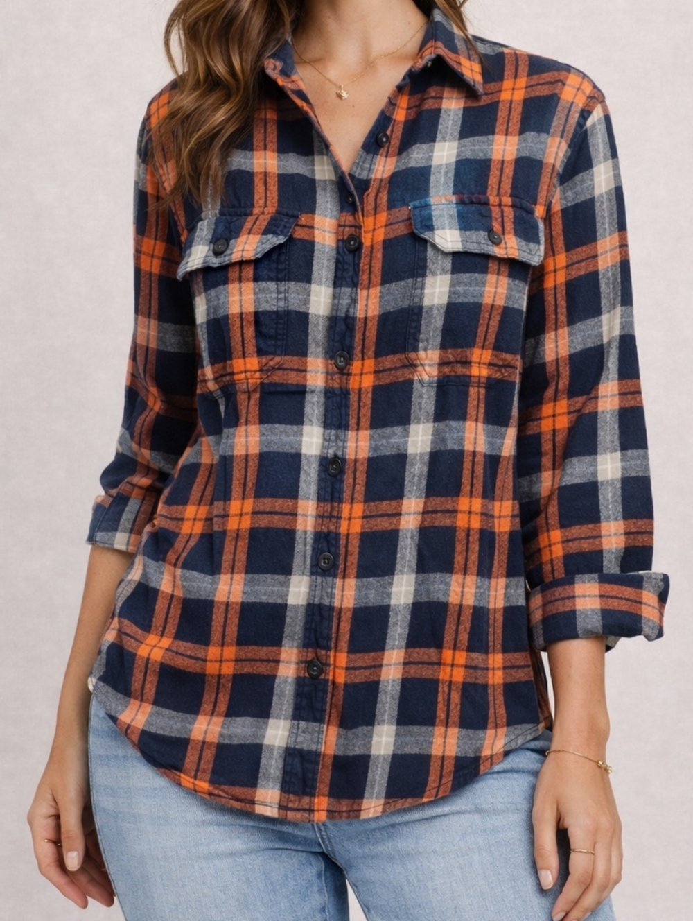 Old Navy Casual Plaid Shirt - Navy and Orange